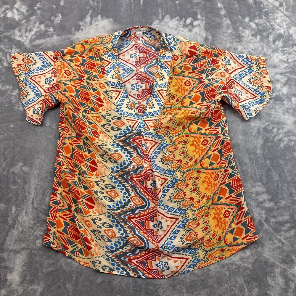 Sundance Women's Multicolored Short Flutter Sleeve V-Neck Peasant Blouse Size S